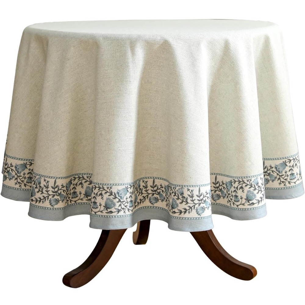 Elegant Cream and Blue Linen Blend Tablecloth